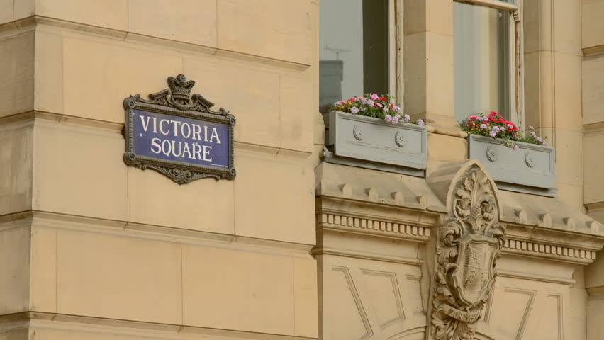 Birmingham, England - Victoria Square early morning. The blue plaque showing the name of the square. 4K UHD.
