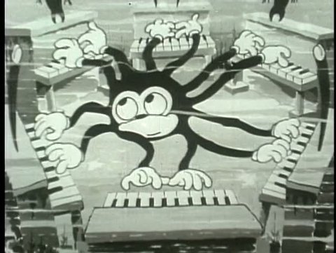 Cartoon ambidextrous octopus playing six pianos Stock Video