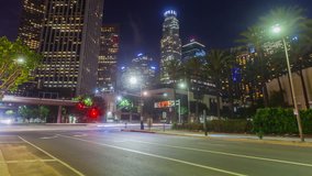 4K Hyperlapse of the busy intersection traffic at night, Downtown, Los Angeles, California, USA