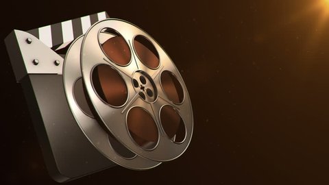 Animation of film reel in abstract movie theater. Have variants with clapper board. Animation of seamless loop.