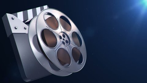Animation of film reel in abstract movie theater. Have variants with clapper board. Animation of seamless loop.