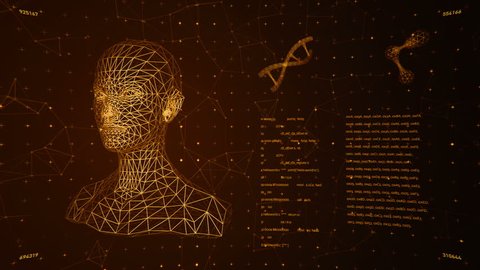 Background with animation of abstract interface. Human body, head, hands, DNA spirals and models of atom in wireframe style and animation programming codes. Animation of seamless loop.