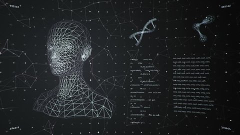 Background with animation of abstract interface. Human body, head, hands, DNA spirals and models of atom in wireframe style and animation programming codes. Animation of seamless loop.