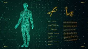 Background with animation of abstract interface. Human body, head, hands, DNA spirals and models of atom in wireframe style and animation programming codes. Animation of seamless loop. - Powered by Shutterstock - Get 15% off with code: PIKWIZARD15
