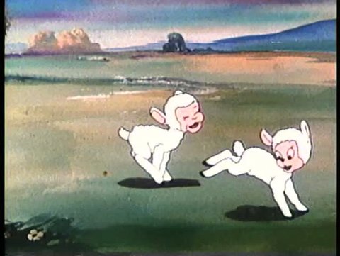 Cartoon of happy lambs frolicking
