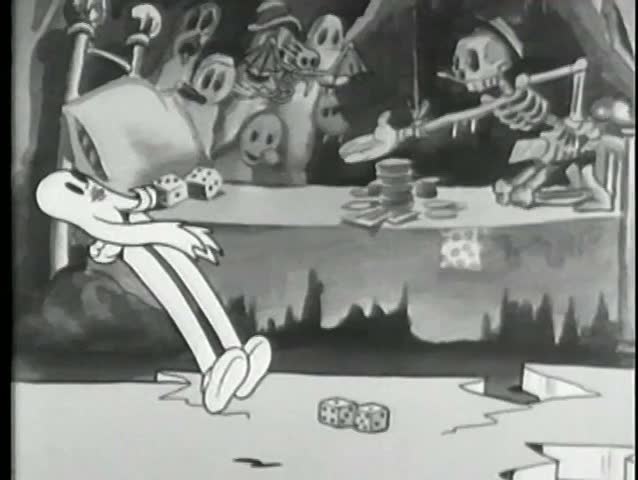 Cartoon of a skeleton circling a break dancing ghost