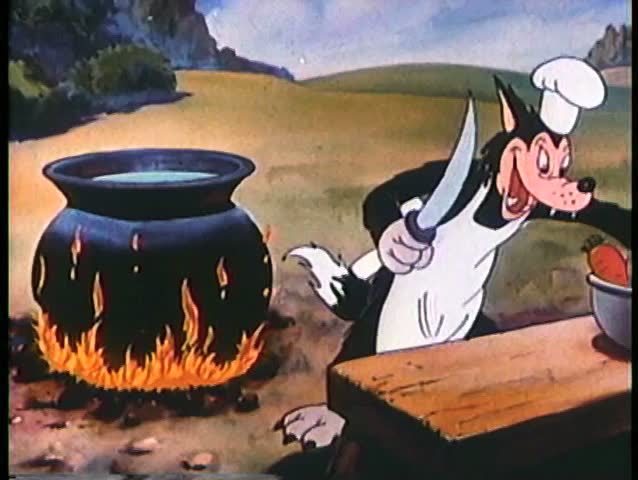 Cartoon of wolf chopping  carrots