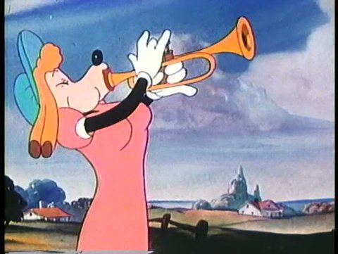 Cartoon of wolf dressed in women's clothing playing the horn Stock Video