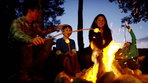 Happy American parent and children toasting smores in forest on vacation outdoor