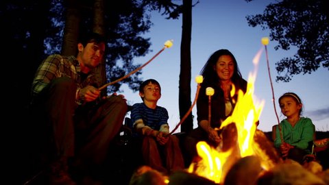 American Caucasian family camping and toasting smores in forest on holiday
