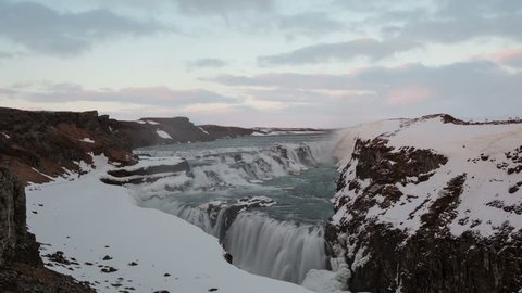 4K Time lapse zoom in of Gullfoss waterfall in Iceland in wintertime