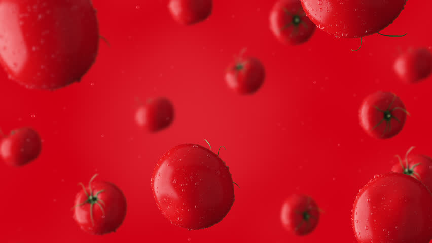 Super slow motion clip of falling red tomatoes and water drops against red background. 4K seamless loopable CG animation Royalty-Free Stock Footage #18316105