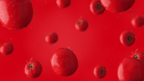 Super slow motion clip of falling red tomatoes and water drops against red background. 4K seamless loopable CG animation
