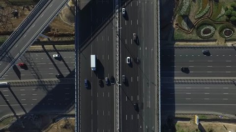 Aerial Top View of Highway Interchange in Summer Day, Mkad, Moscow City, Russia
