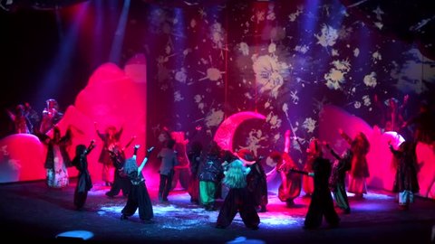 MOSCOW, RUSSIA - JANUARY 20, 2016: First Russian folk-musical "the Night before Christmas" prepared by theatre of the Russian song. Witches and devil dance around Vakula