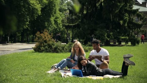 Group of diverse students studying outside campus.