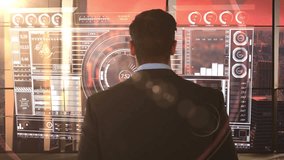 Rear view of businessman looking at digitally generated text and graphic on office window - Powered by Shutterstock - Get 15% off with code: PIKWIZARD15
