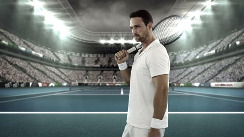 Portrait of caucasian tennis player standing with racquet on tennis court in stadium