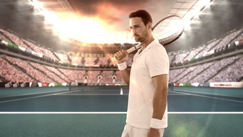 Portrait of caucasian  tennis player standing with racquet on tennis court in stadium