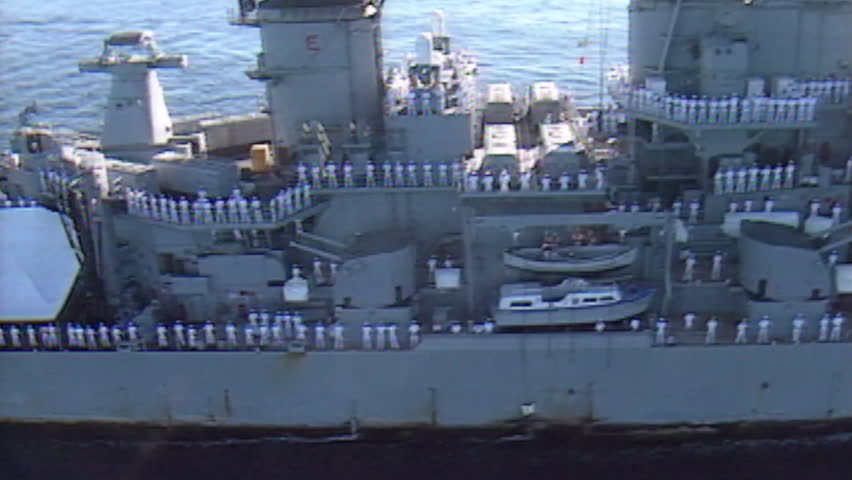 Archive 1991 USS Missouri Entering Fremantle Harbour after Gulf War. Last port of call before decommissioning. Ariels. along superstructure around stern then overview.