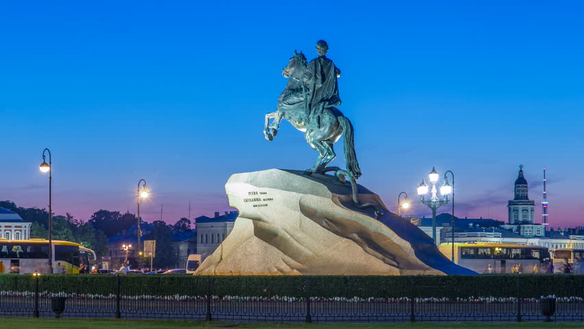 Peter the Great monument (Bronze Horseman) on the Senate Square night timelapse hyperlapse. Tourists walking around at summer white night. ST PETERSBURG, RUSSIA Royalty-Free Stock Footage #18331174