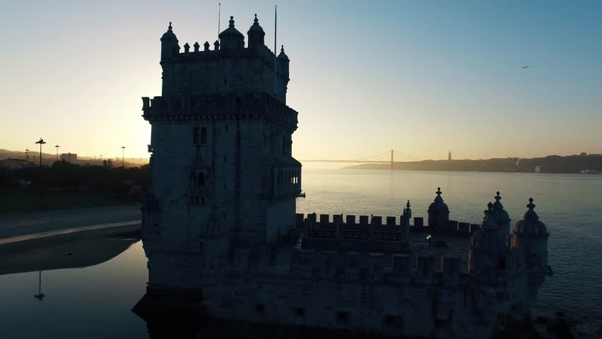 Belem Tower at morning Lisbon aerial view