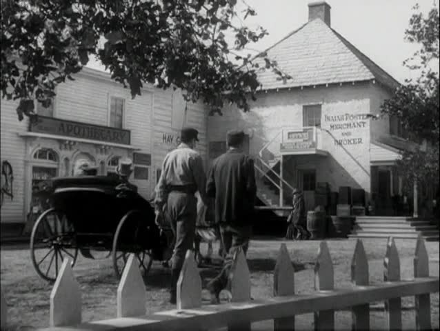 Wide shot horse and buggy riding through town