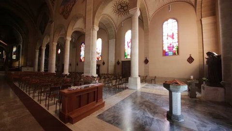 MILAN,ITALY-CIRCA JULY 2016- inside  religion building the chair altar  and rose window