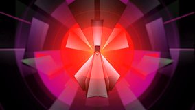 Geometric rotating 3d Prism Kaleidoscopic pattern with red glowing strobe circles and rings and purple doppelganger backdrop and laser rays with bursting sun beams emitting from center