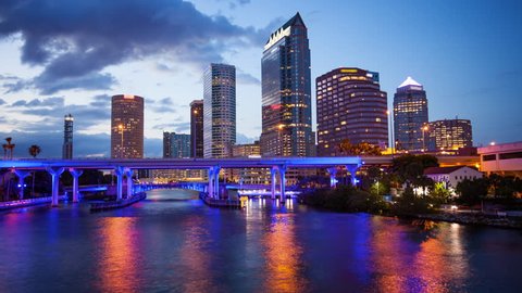 Downtown Tampa, Florida Day to Night City Skyline Time Lapse - Tampa FL Cityscape  (logos and faces blurred for commercial use)