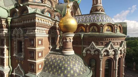Unique aerial view of Church of the Savior on Spilled Blood. Russia, St. Petersburg from above. Best Drone FPV quadcopter footage. Close view. Sunny day. 4K video.