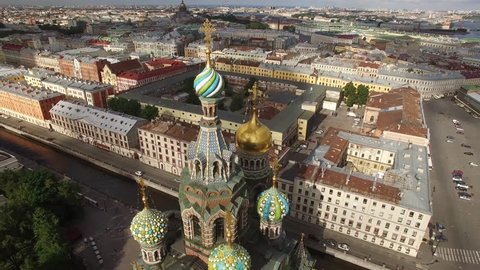 Unique aerial view of Church of the Savior on Spilled Blood. Russia, St. Petersburg from above. Best Drone FPV quadcopter footage. Close view. Sunny day. 4K video.