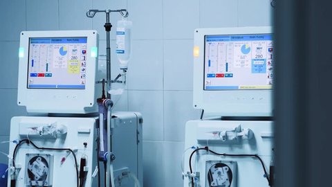 Dialysis machine, medical equipment in clinic. Treatment with blood purification machine for hemodialysis. Therapy. Hemofiltration. Slider shot