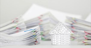 House have blur pile overload paperwork of receipt and report with colorful paperclip place on white background time lapse. Pile of document is increasing as work successful. Business concept footage.