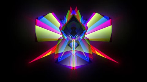 Geometric rotating 3d Prisms Kaleidoscopic pattern with spectral rainbow color changing and strobe laser rays and bursting sunbeams from the back