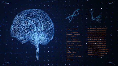 Background with animation of abstract interface. Human body, head, hands, brain, DNA spirals and models of atom in wireframe style and animation programming codes. Animation of seamless loop.