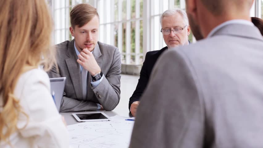 People, planning, strategy and corporate concept - business team with scheme meeting and discussing problem at office | Shutterstock HD Video #18359401