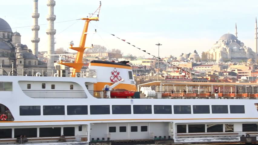 ISTANBUL - DECEMBER 23: Eminonu harbor with berthed passenger ships on December