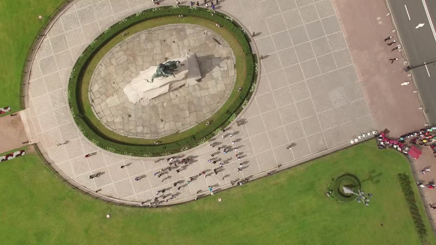 Peter I the great Cooper horsemen monument in st. Petersburg Russia. Unique Aerial approach. 4K video.