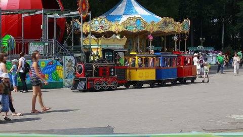 Perm, Russia, July 24th, park Gorkogo. Weekend in the entertainment park. Children's train.