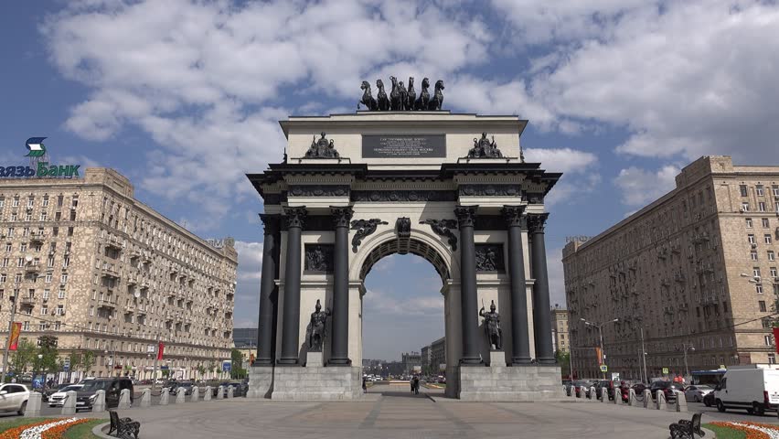 Triumphal Arch on Victory Square, monument of Patriotic War of 1812, formed by black cast-iron pillars, arranged around two arched supports and crowned by chariot of Glory. Dolly camera move towards