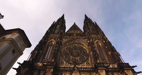 Saint Vitus Cathedral at Prague castle. During sunset historical medieval gothic architecture in old city.