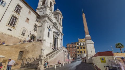 ROME, ITALY - CIRCA MAY 2016: Church of Trinita dei Monti and Egyptian obelisk timelapse hyperlapse in Rome in Italy. It is a Roman Catholic and Renaissance church near the Spanish Steps leading to