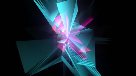 Slashing and rotating  movement of translucent crystal  edges like blades has glint and changing color from blue to  purple on black background. Fast movements leave ghostly echo trails.