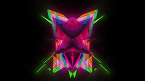 symmetrical hi-tech neon kaleidoscopic pattern consists of rotating 3d sharp diamond pyramids with dominant pink, magenta and purple color as well as glowing light green on black background