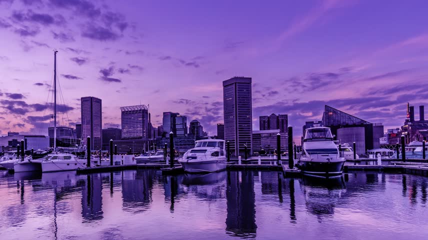Baltimore,USA-Jul 16,2015: From twilight to night,the downtown and Inner Harbor, Baltimore. Timelapse
