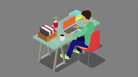 Modern workplace workplace flat 3d isometric concept 4K video with alpha. Animated young worker sitting at desk with laptop. 