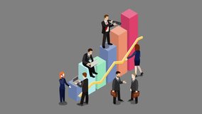 Growing Business looped animated concept with alpha. Businessmen working to charts grow up flat 3d isometric cartoon 4K video. 