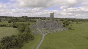 Aerial video of the famous irish public landmark, quin abbey, county clare, ireland