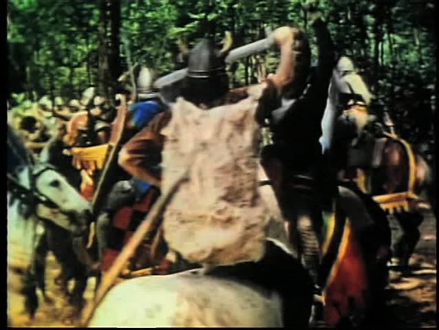 Knights and bandits sword fighting on horseback